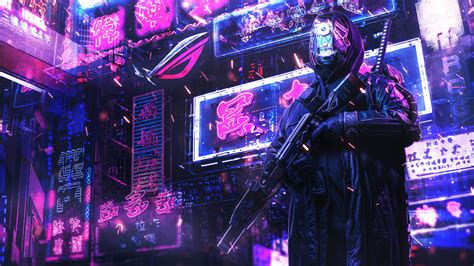 Wallpaper #YnP0fo4BFI5NbQksIxfN29 A Warrior in a Cyberpunk City