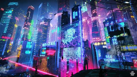 Wallpaper #YnP0fo4BFI5NbQksIxfN27 A Cyberpunk City at Night with Neon Lights and Flying Cars